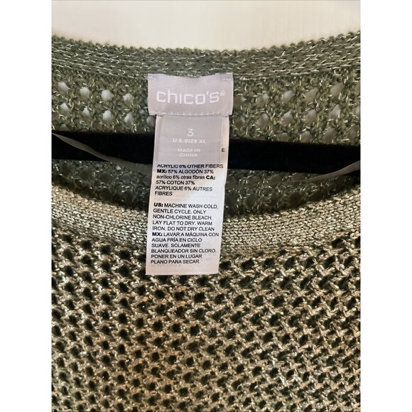Chicos Womens Sz 3 US Sz XL Gold Metallic Open Knit Tunic 3/4 Sleeves Side Slits - Picture 2 of 6